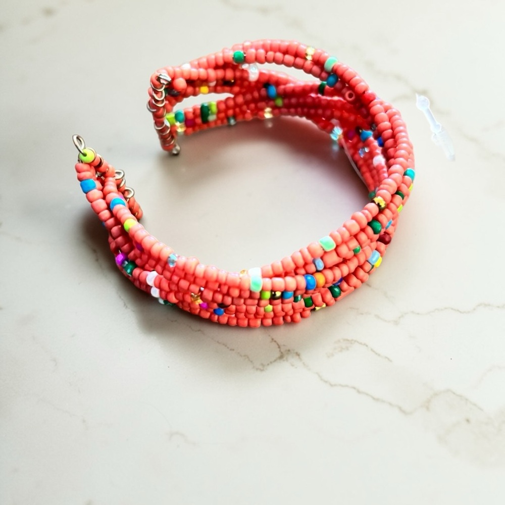 Coral Pink Multicolored Seed Bead Multi-Strand Wrap Coil Bracelet Cuff
